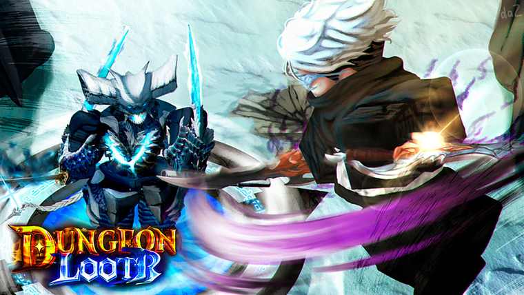 Dungeon Lootr promotional art showing a class wielding a katana against a dungeon backdrop